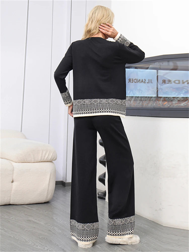 Chic High Waist Vintage Knitted Sweater & Pants Set for Women