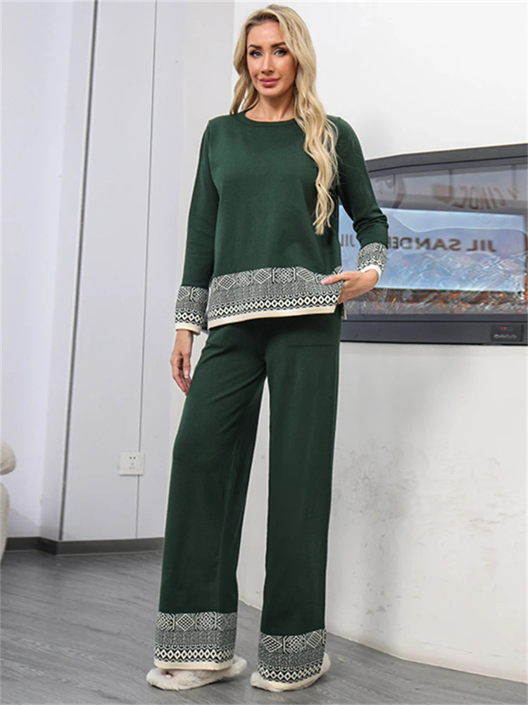 Chic High Waist Vintage Knitted Sweater & Pants Set for Women