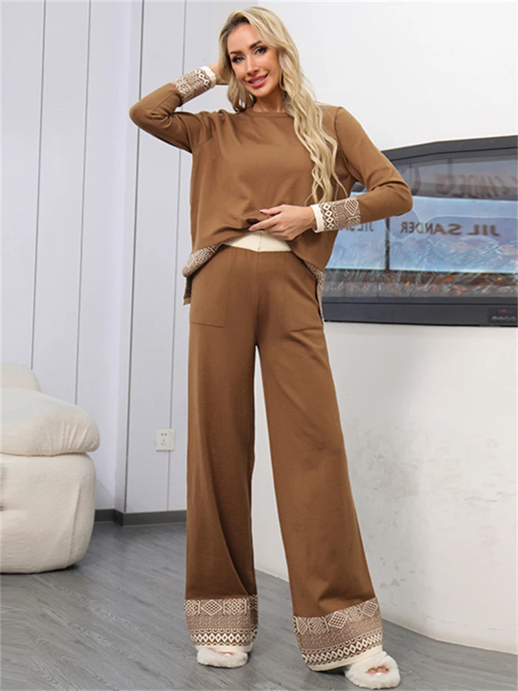 Chic High Waist Vintage Knitted Sweater & Pants Set for Women